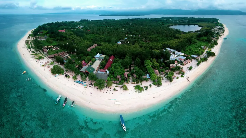 Aerial view of Gili Meno, Lombok, ringed by white sand and turquoise water